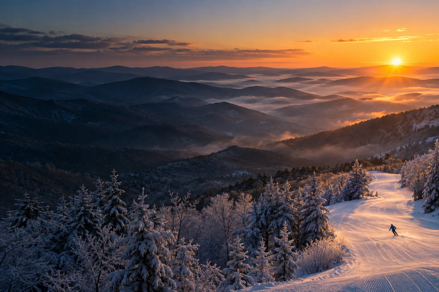 Illustrated snow-covered Blue Ridge ridges beneath a winter sunrise