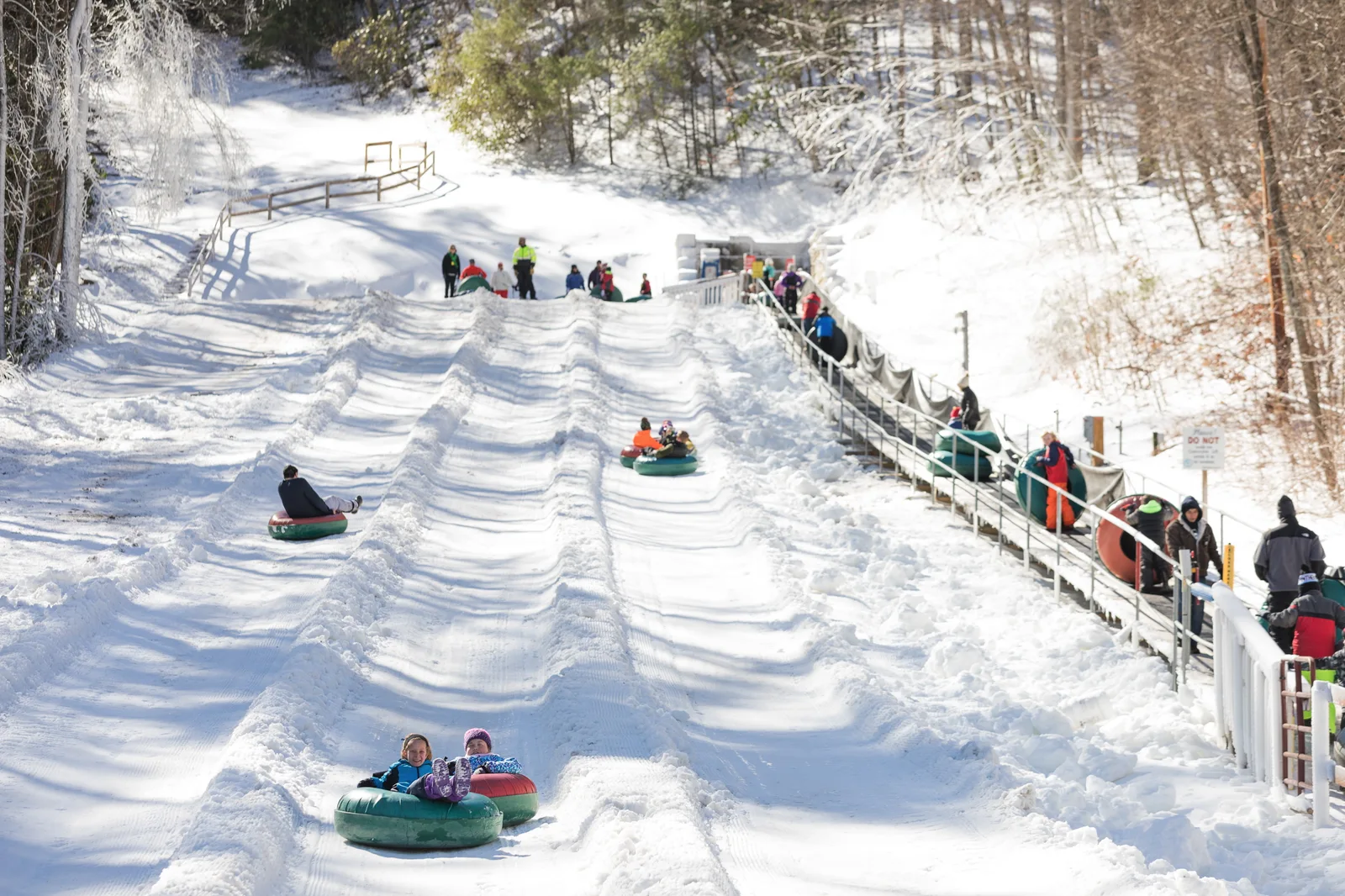 Riders on Sapphire Valley’s snow tubing lanes beside a tree-lined hillside